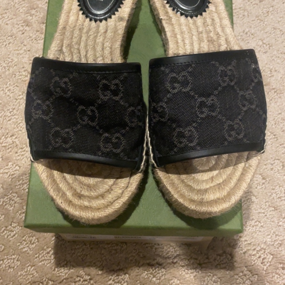 Gucci Pilar leather-trimmed canvas espadrille slides